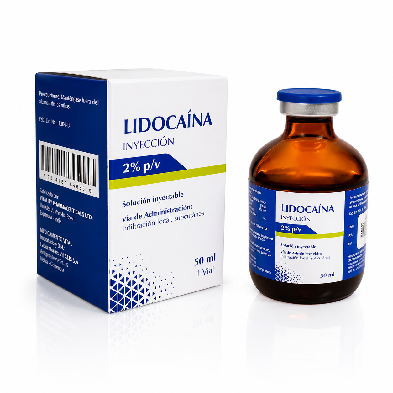 Lidocaína 2% inyección solución inyectable 50 ml frasco vial con caja presentación farmacéutica