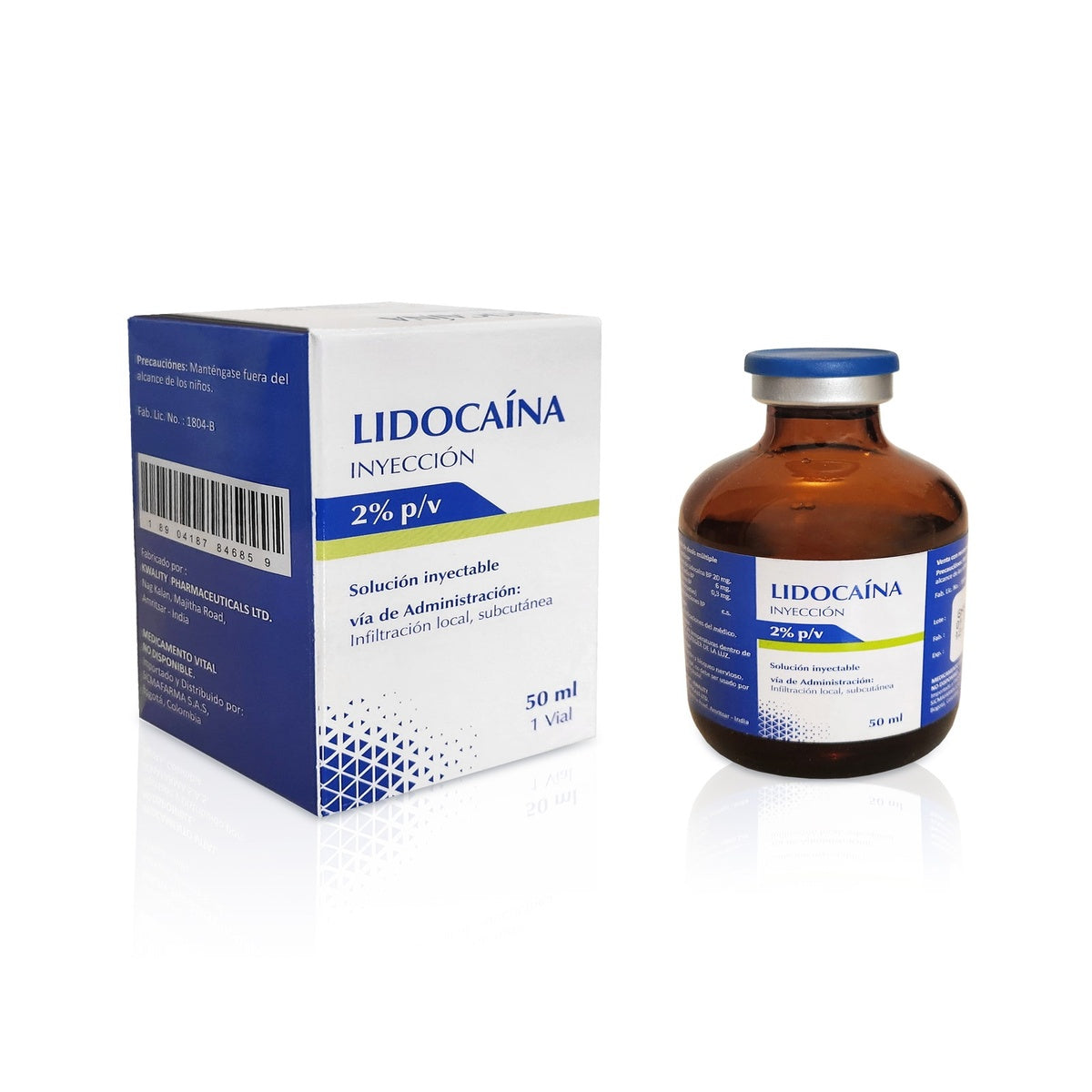 Lidocaína Clorhidrato 2% (200 mg/10 mL) solución inyectable en vial de 50 mL, de color transparente, fabricada por SICMAFARMA.