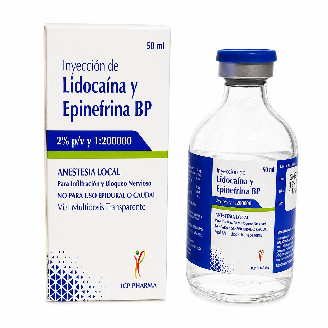Lidocaína y epinefrina BP 2% 1:200000 solución inyectable 50 ml frasco vial con caja anestesia local