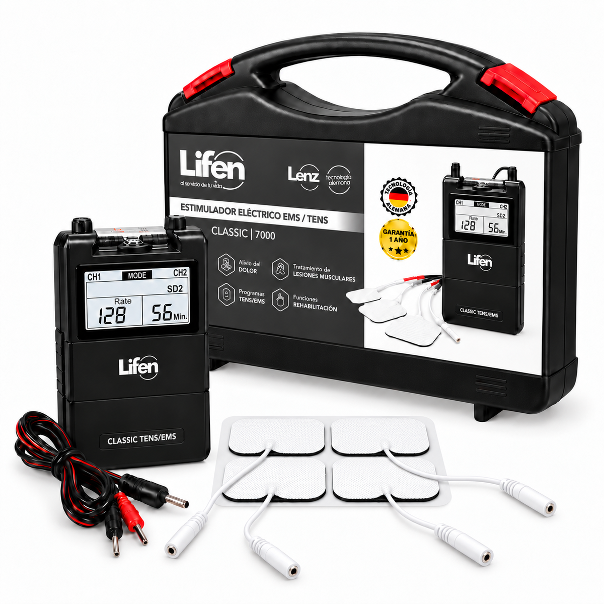 Lifen Classic 7000, estimulador eléctrico con funciones TENS y EMS para uso con electrodos compatibles en terapias de electroestimulación.