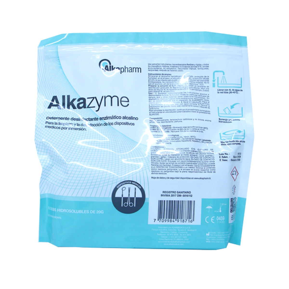Detergente enzimático Alkazyme en polvo, 12 sobres de 20 g cada uno, formulado para limpieza y desinfección de dispositivos médicos.