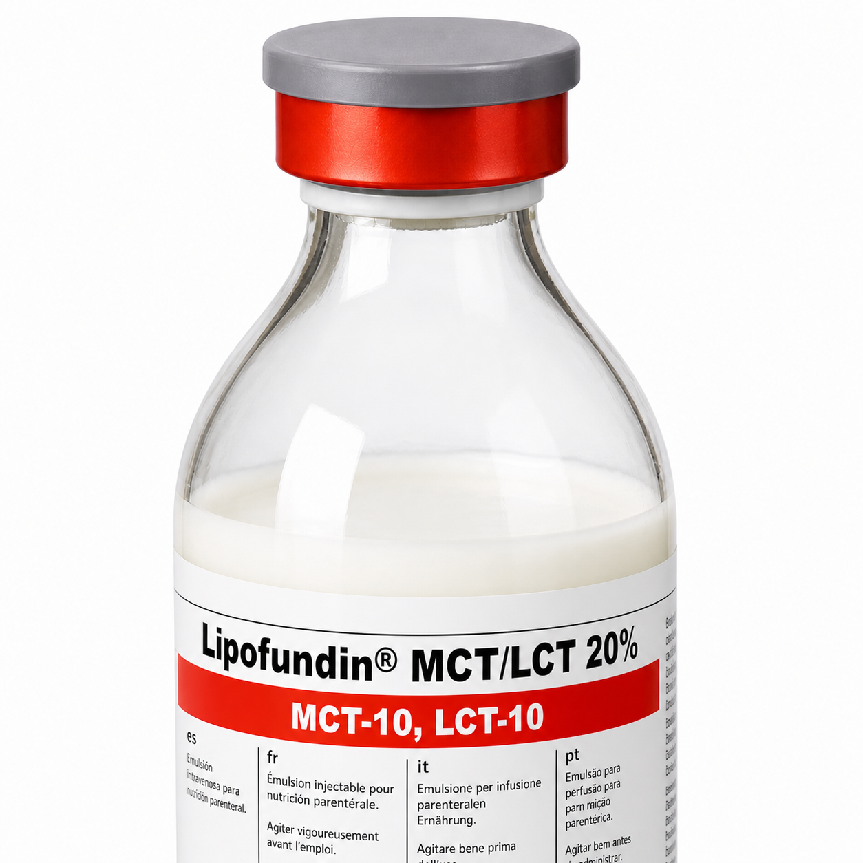Detalle frasco Lipofundin MCT LCT 20 de B Braun mostrando tapa y contenido para nutrición parenteral intravenosa