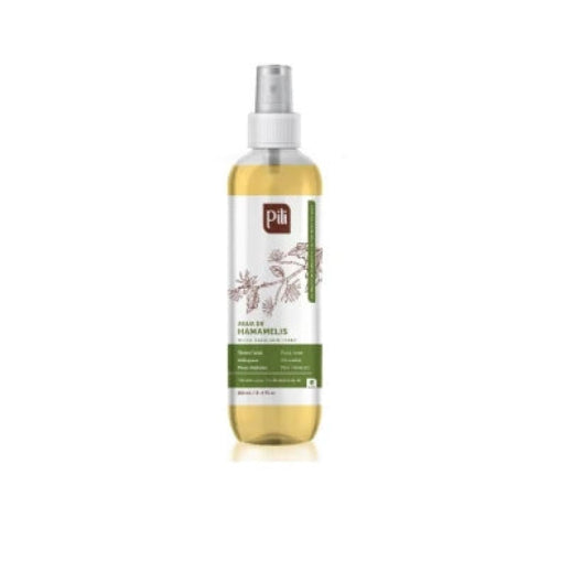 Loción tónica astringente Hamamelis de 250 ml, frasco transparente con tapa blanca, líquido claro y textura ligera.