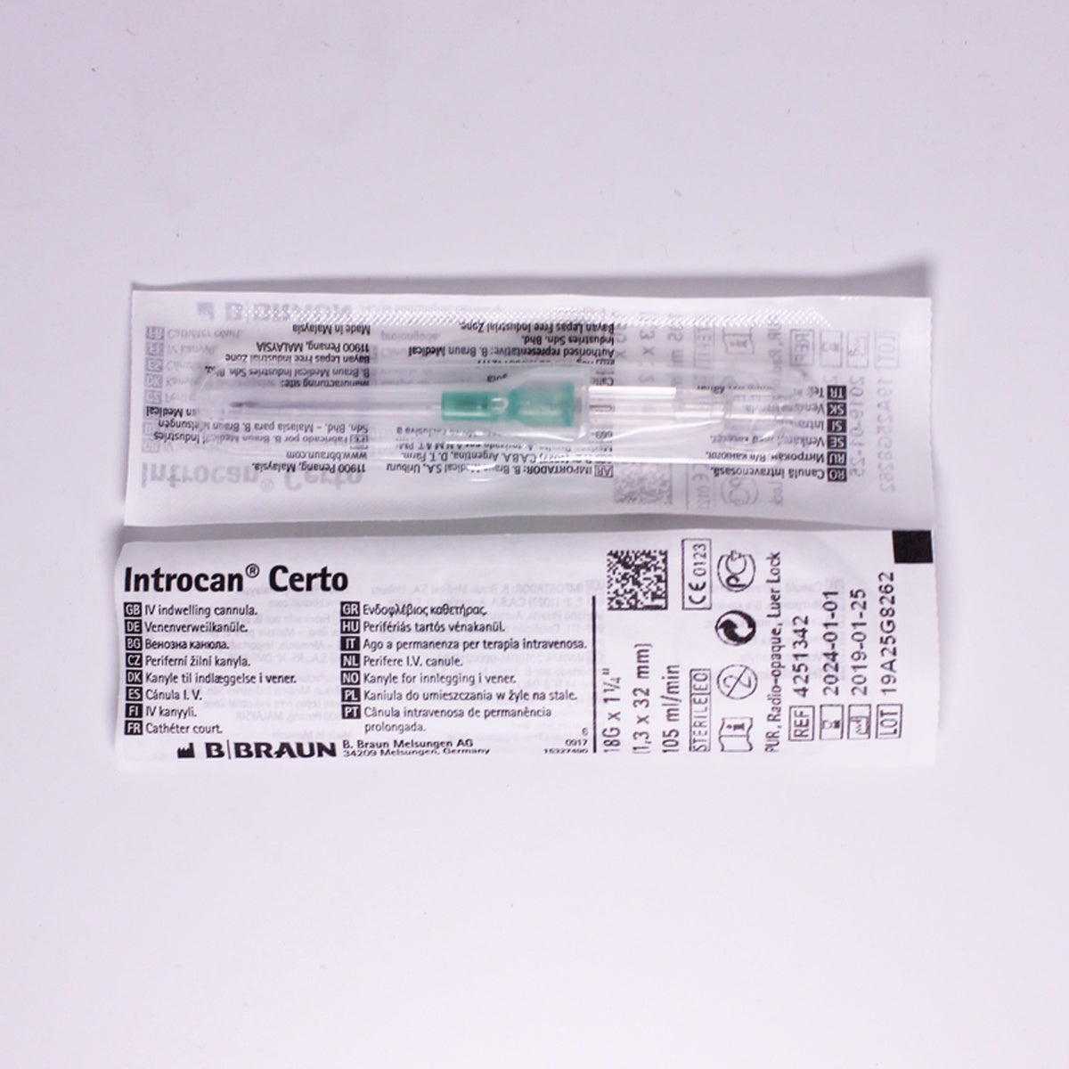 Catéter intravenoso periférico INTROCAN CERTO G-18 x 1 1/4" de B. Braun, fabricado en poliuretano radiopaco, con bisel penta-biselado para inserción segura.
