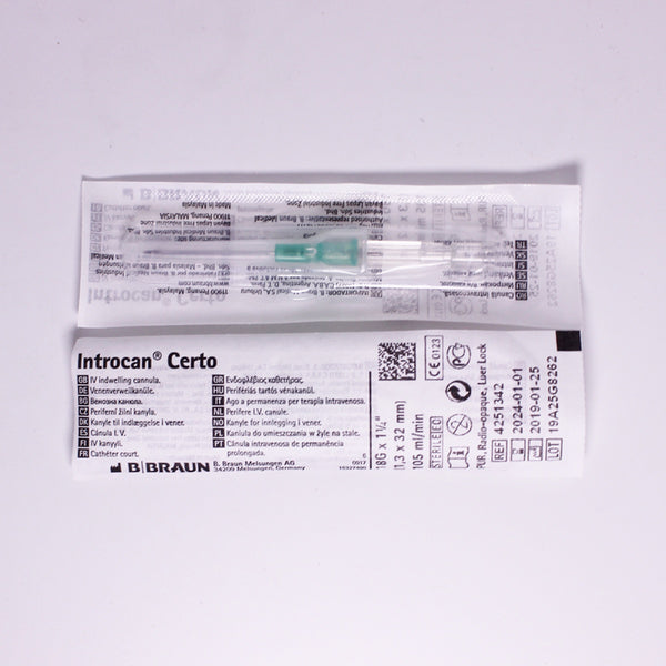 Catéter intravenoso periférico INTROCAN CERTO G-18 x 1 1/4" de B. Braun, fabricado en poliuretano radiopaco, con bisel penta-biselado para inserción segura.
