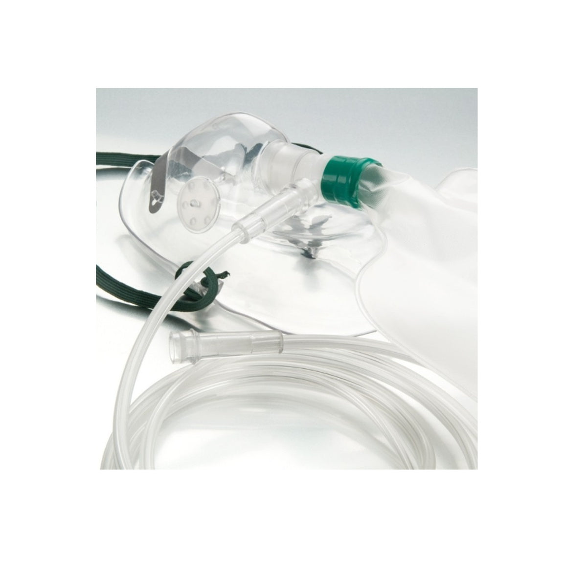 Mascarilla con reservorio para adulto de Global Healthcare, fabricada en vinilo transparente, con banda elástica y clip nasal para ajuste seguro.