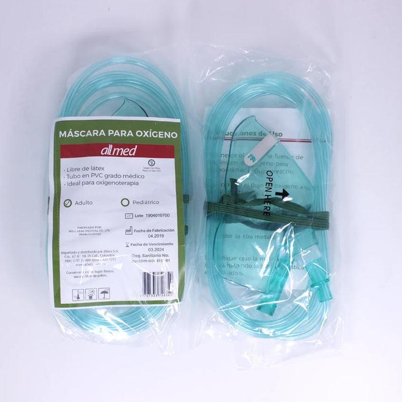 Máscara de oxígeno adulto Allmed, modelo Confort y Eficiencia, de color blanco, fabricada en material suave y flexible, diseñada para uso clínico.