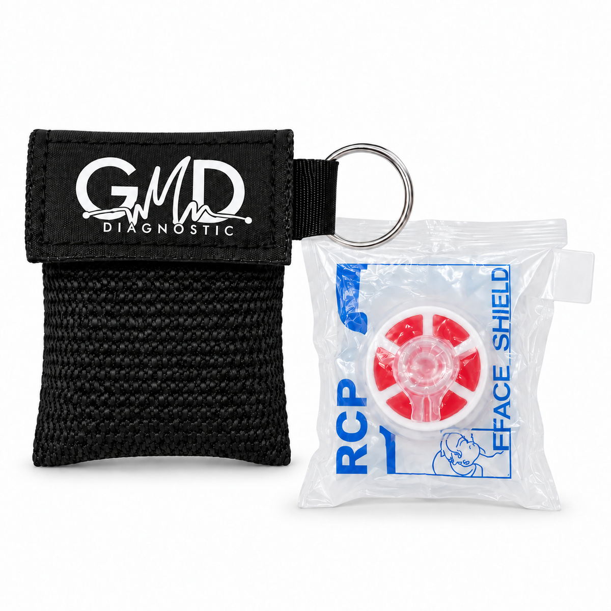 Estuche GMD con mascarilla RCP desechable, referencia GMD-102B-R, diseñado para apoyar maniobras de reanimación cardiopulmonar.