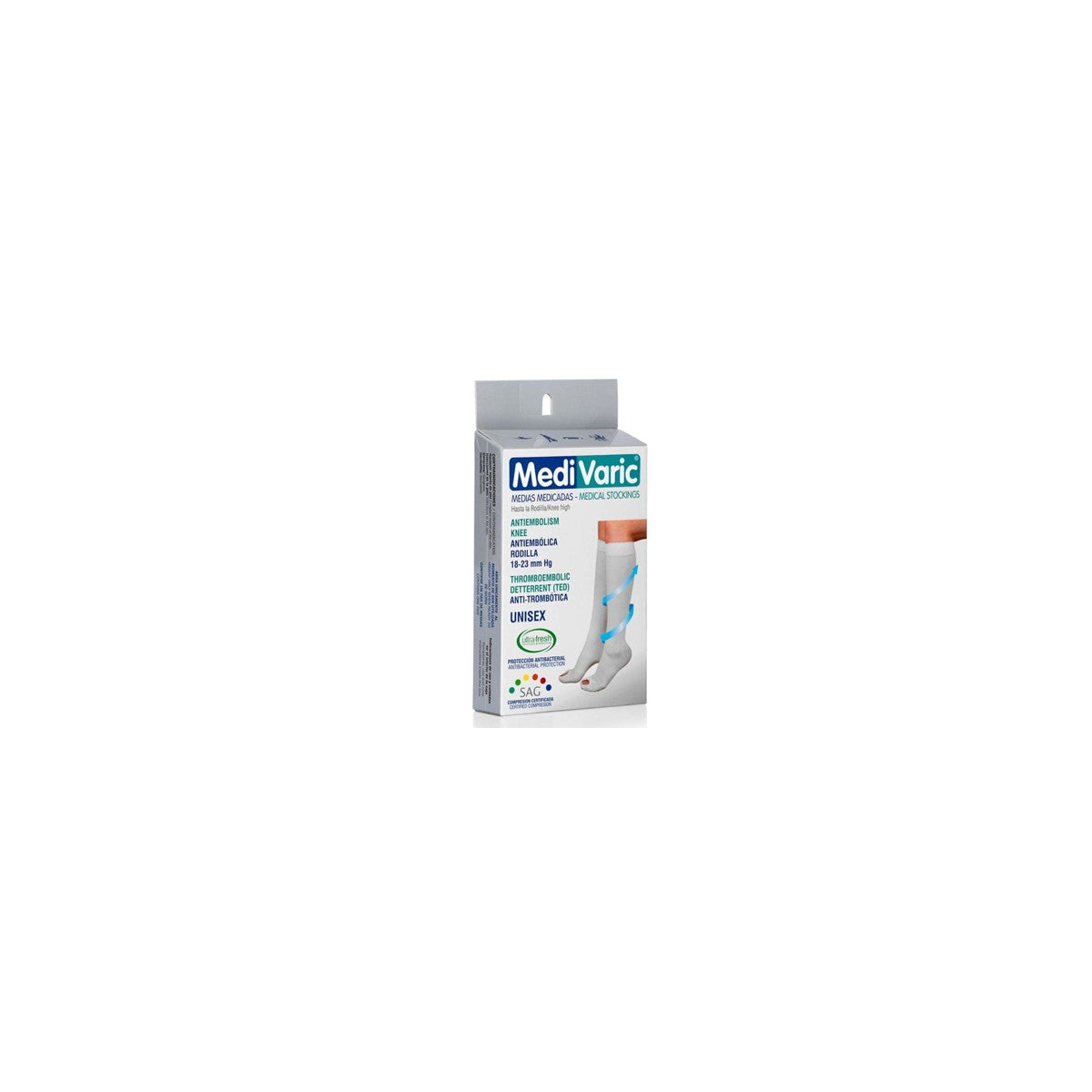 Media antiembólica de rodilla unisex, compresión graduada 18-23 mmHg, color blanco, con talón anatómico y abertura de inspección.