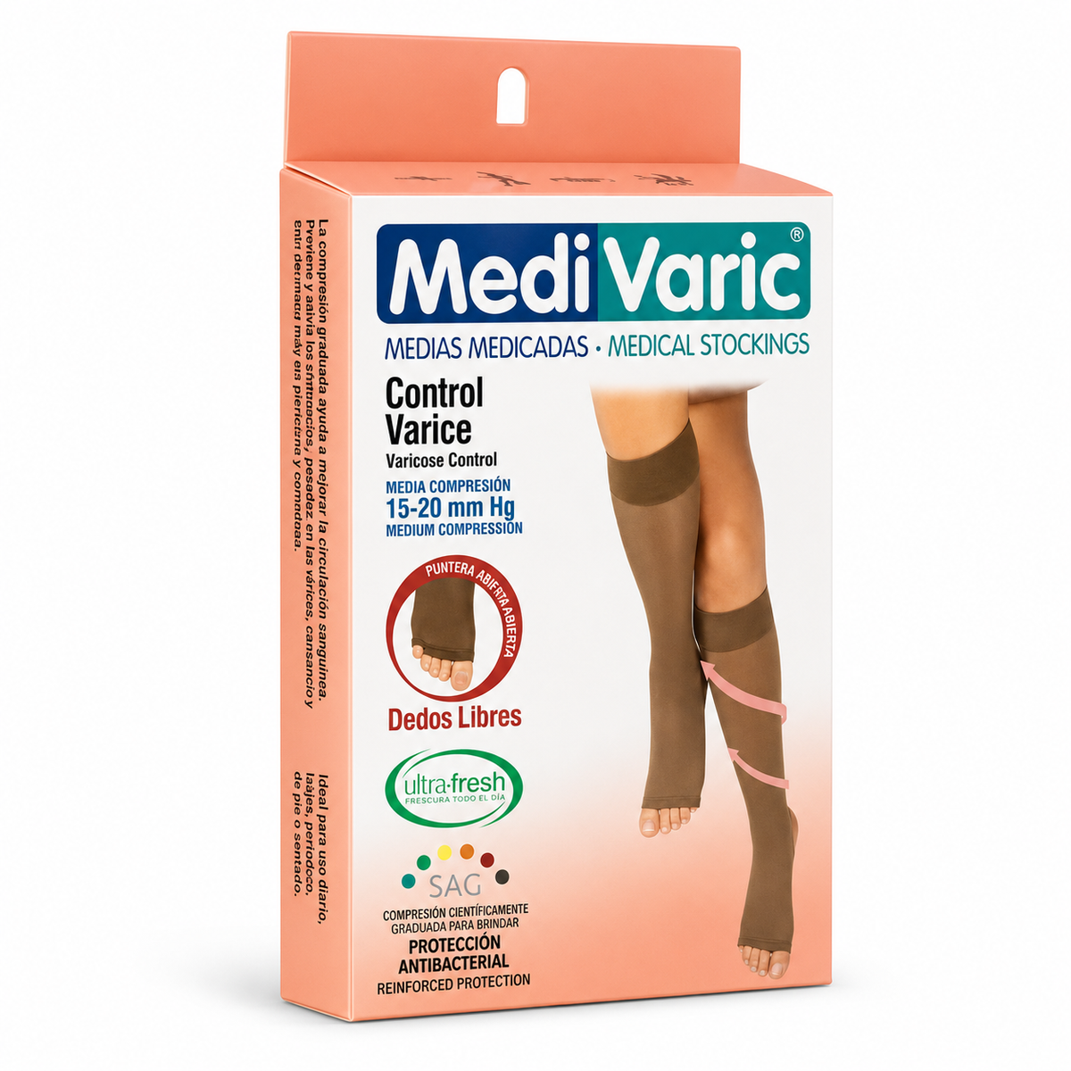 Media de compresión transparente para dama hasta la rodilla, talla T-L color beige, 15-20 mmHg y dedos libres.