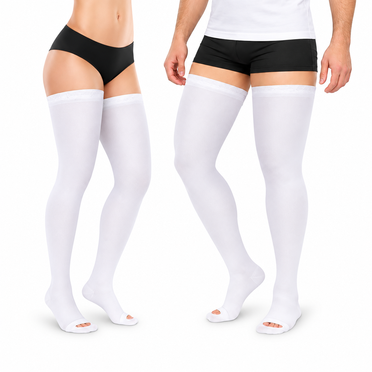 Media de compresión Medivaric unisex hasta el muslo, talla T-M color blanco, diseñada para brindar soporte y comodidad.