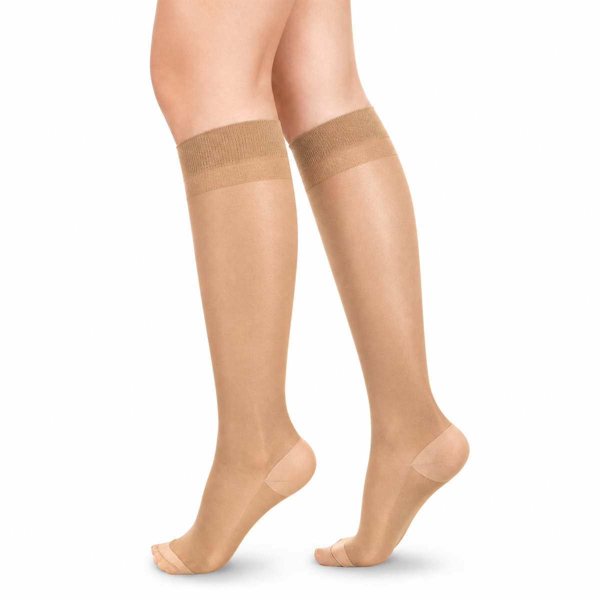 Media de compresión para dama hasta la rodilla, 8-15 mmHg, talla M y color Sahara, diseñada para brindar soporte ligero y comodidad durante el uso diario.