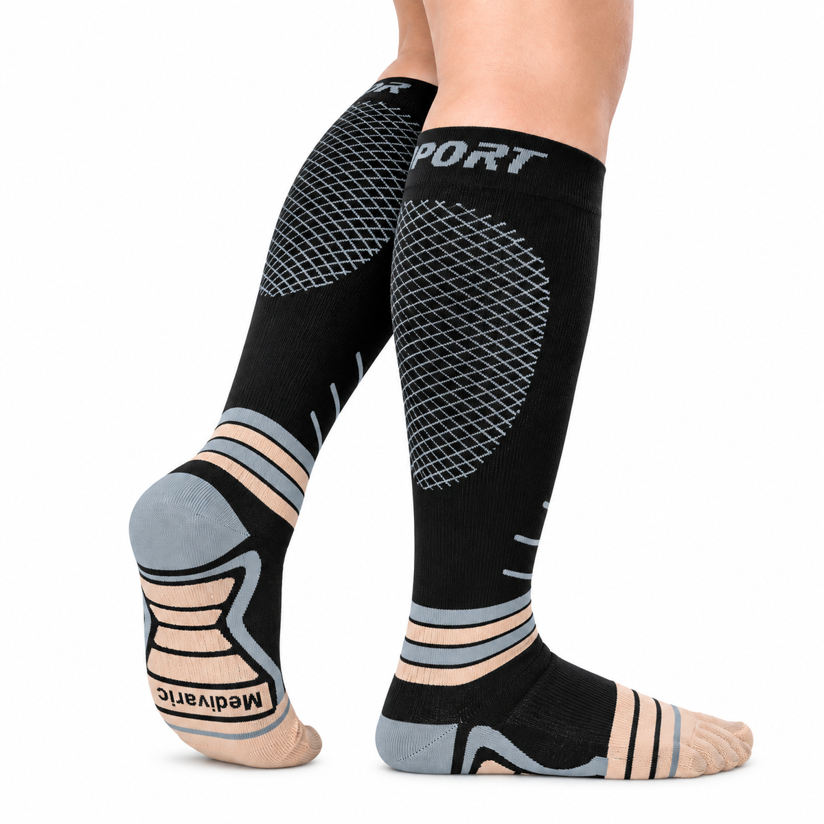 Media deportiva unisex con cobre, talla S, color negro y gris, diseñada para brindar soporte y comodidad en la zona plantar.