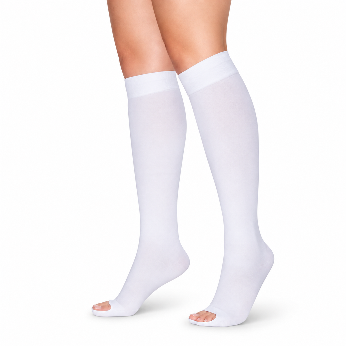 Media antiembólica No-Varix hasta la rodilla, color blanco y talla Large, diseñada para brindar compresión y soporte en la pierna.