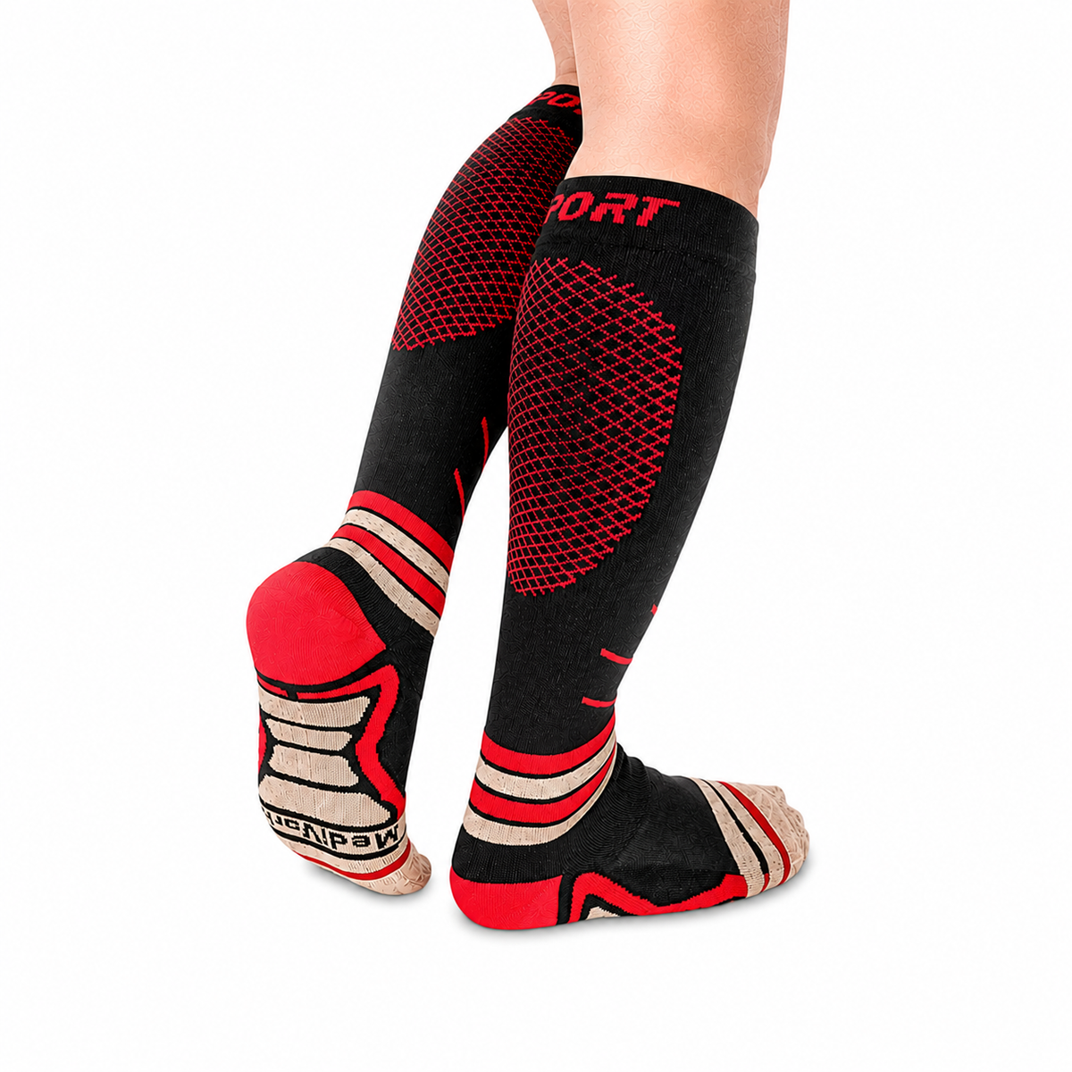 Media unisex Portiva con hilado de cobre, talla S, color negro y rojo, diseñada para brindar soporte y comodidad en casos de fascitis plantar.