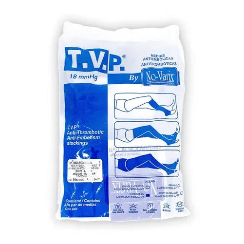 Medias antiembólicas de muslo No-Varix en color blanco, talla M, modelo 1010-9853, diseñadas para mejorar la circulación.
