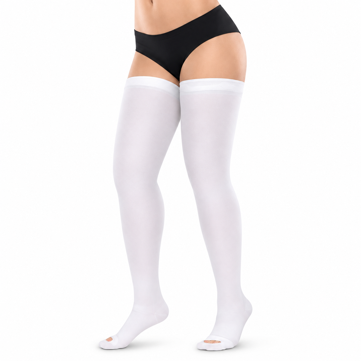 Medias antiembólicas No-Varix hasta el muslo, color blanco, talla M, referencia 1010-9853, diseñadas para brindar compresión, soporte y comodidad en las piernas.