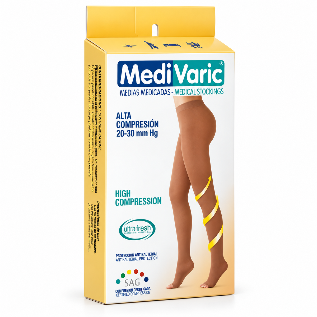 Media de compresión Medivaric para dama, opaca de cadera en color beige, con compresión de 20-30 mmHg para soporte de las piernas.