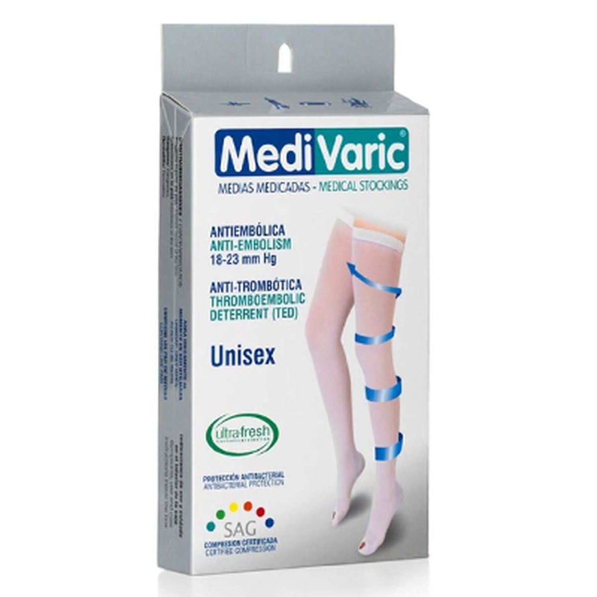 Media unisex de muslo antiembólica blanca, compresión 18-23 mmHg, referencia 4462, con abertura de inspección y talón verdadero.
