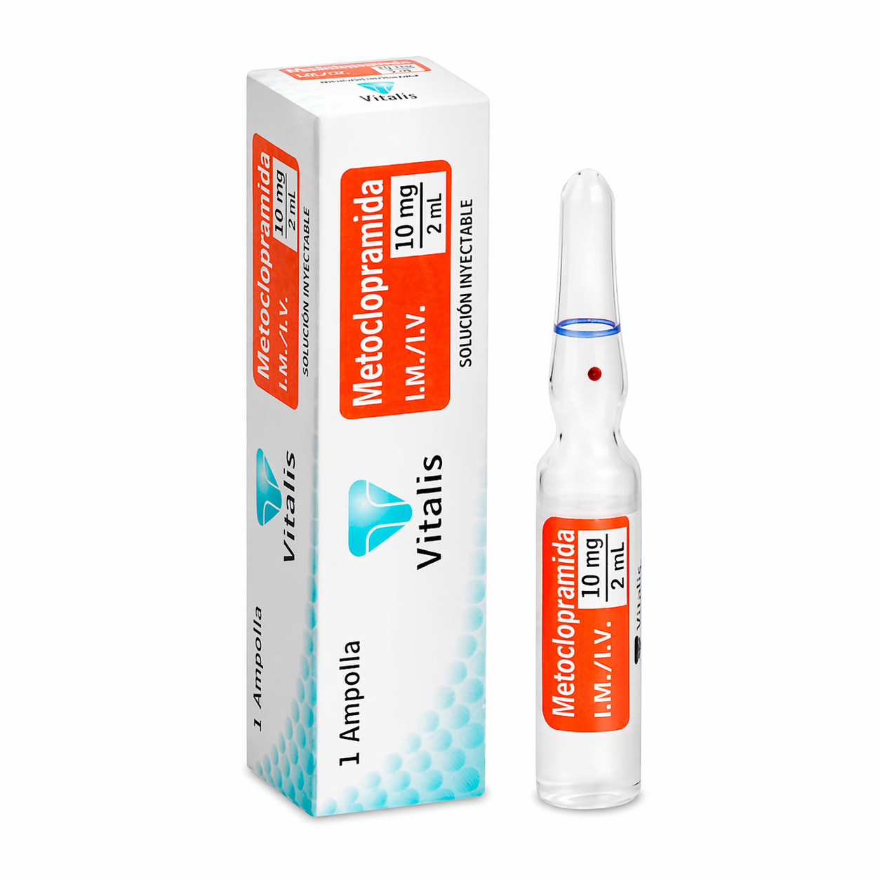 Ampolla Metoclopramida 10 mg 2 mL Vitalis solución inyectable con caja presentación farmacéutica