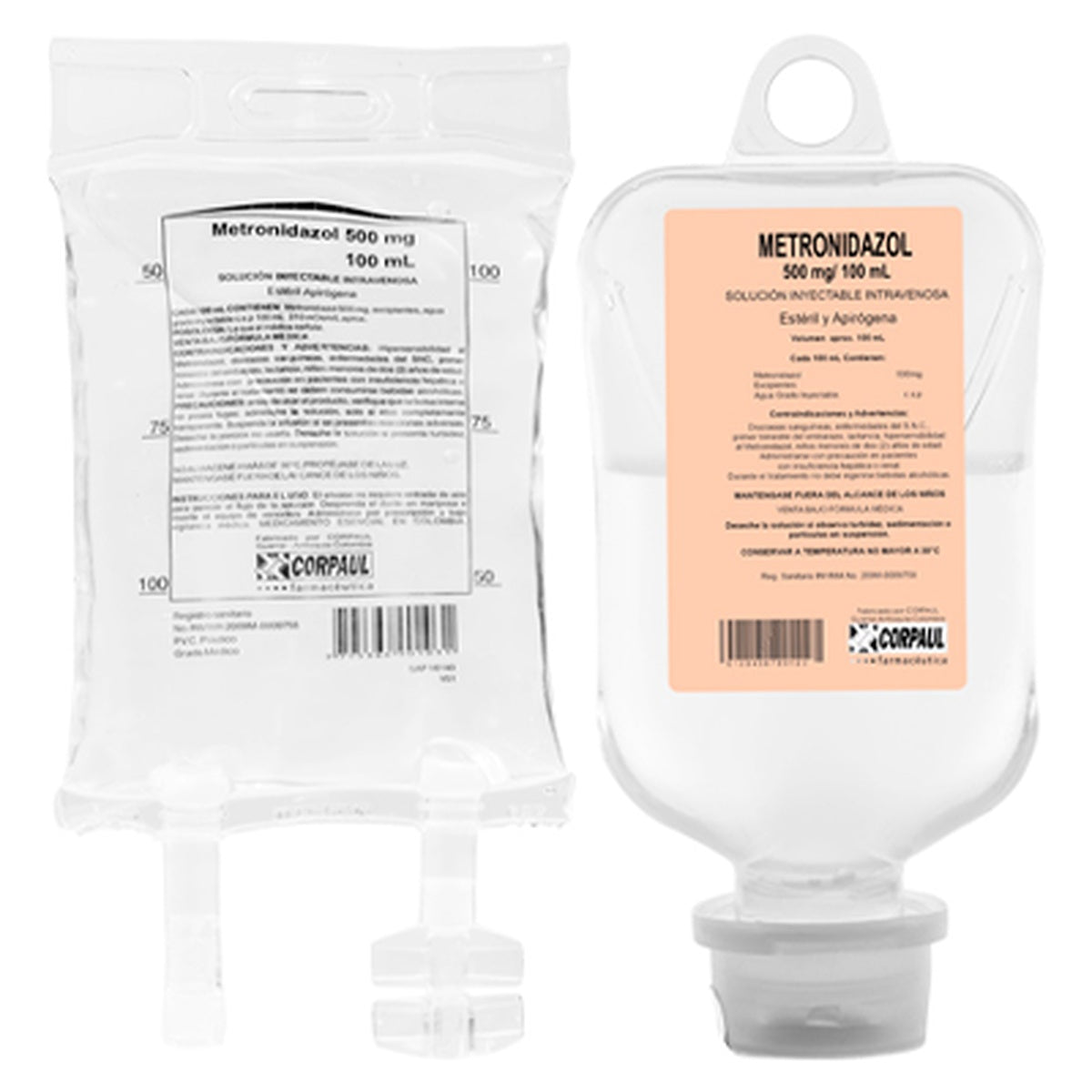 Metronidazol infusión IV 500 mg en bolsa semirrígida de 100 mL, solución incolora, para tratamiento de infecciones quirúrgicas.
