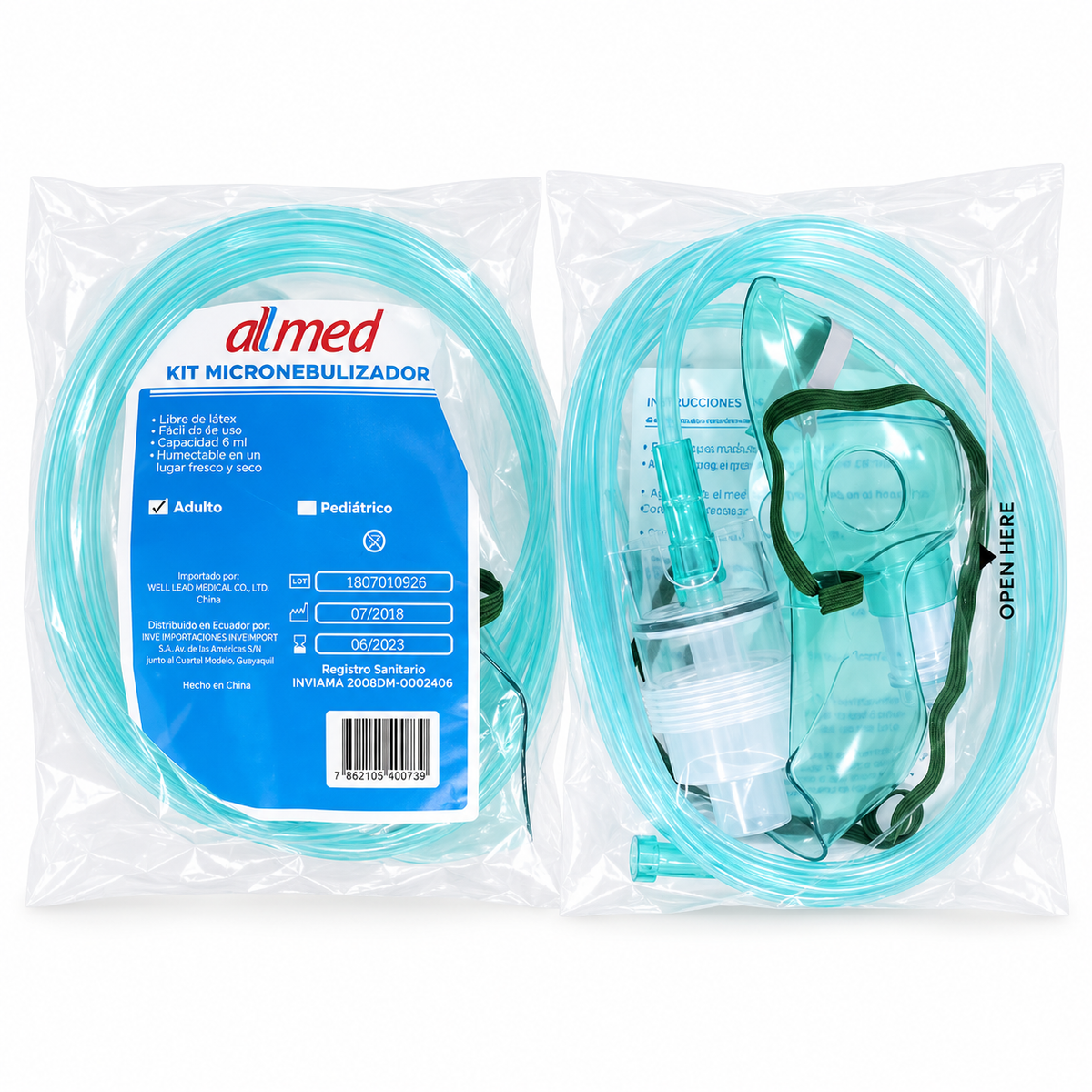 Micronebulizador Allmed para adulto con máscara, equipo compacto para tratamientos de nebulización en entornos médicos.