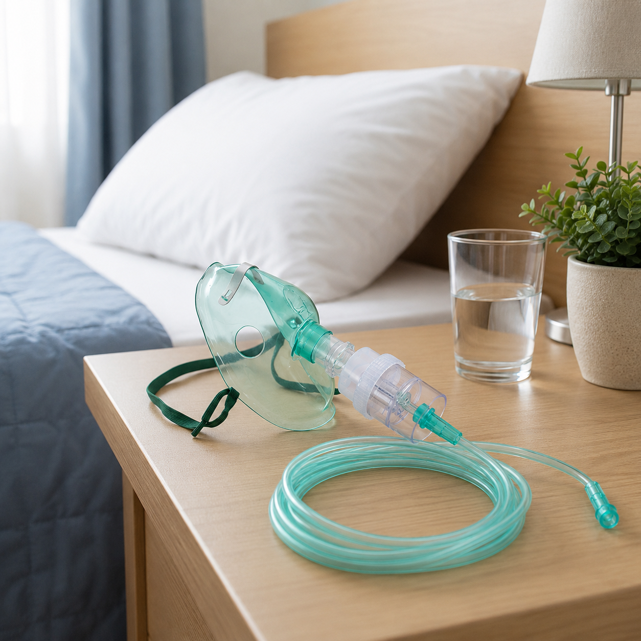 Micronebulizador adulto con máscara Lifecare 2.0 ubicado sobre mesa auxiliar en la habitación de un paciente, listo para terapia respiratoria en entorno de cuidado domiciliario