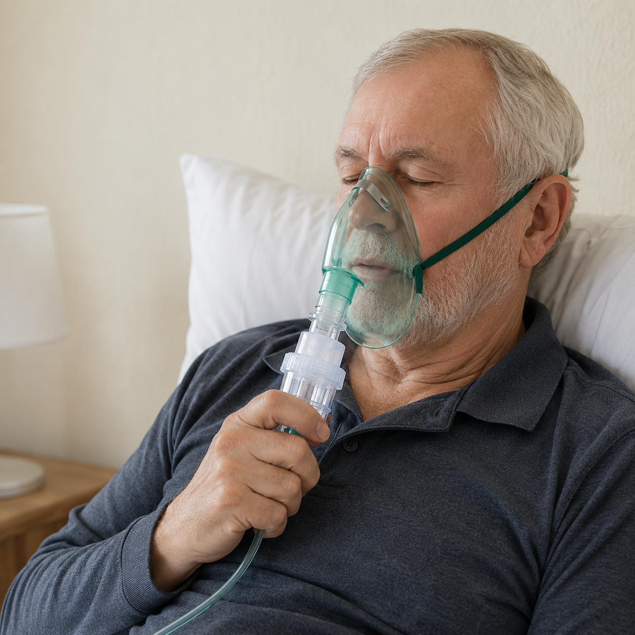 Paciente adulto utilizando Micronebulizador con Máscara Lifecare 2.0 durante terapia respiratoria en habitación, con mascarilla conectada al sistema de nebulización en entorno de cuidado domiciliario.