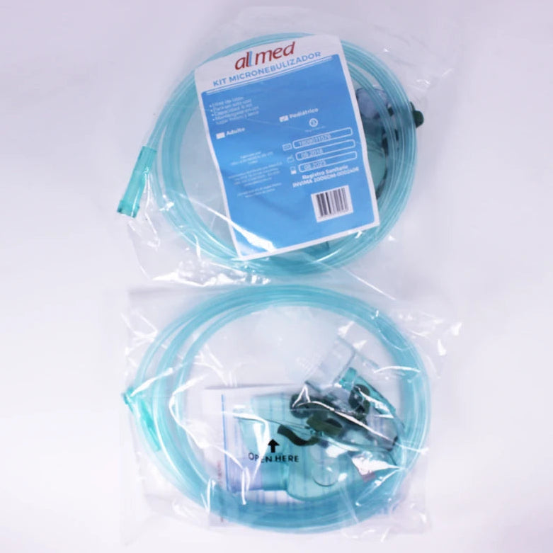 Micronebulizador pediátrico Allmed con mascarilla, diseño compacto en color blanco, ideal para tratamientos respiratorios en niños.