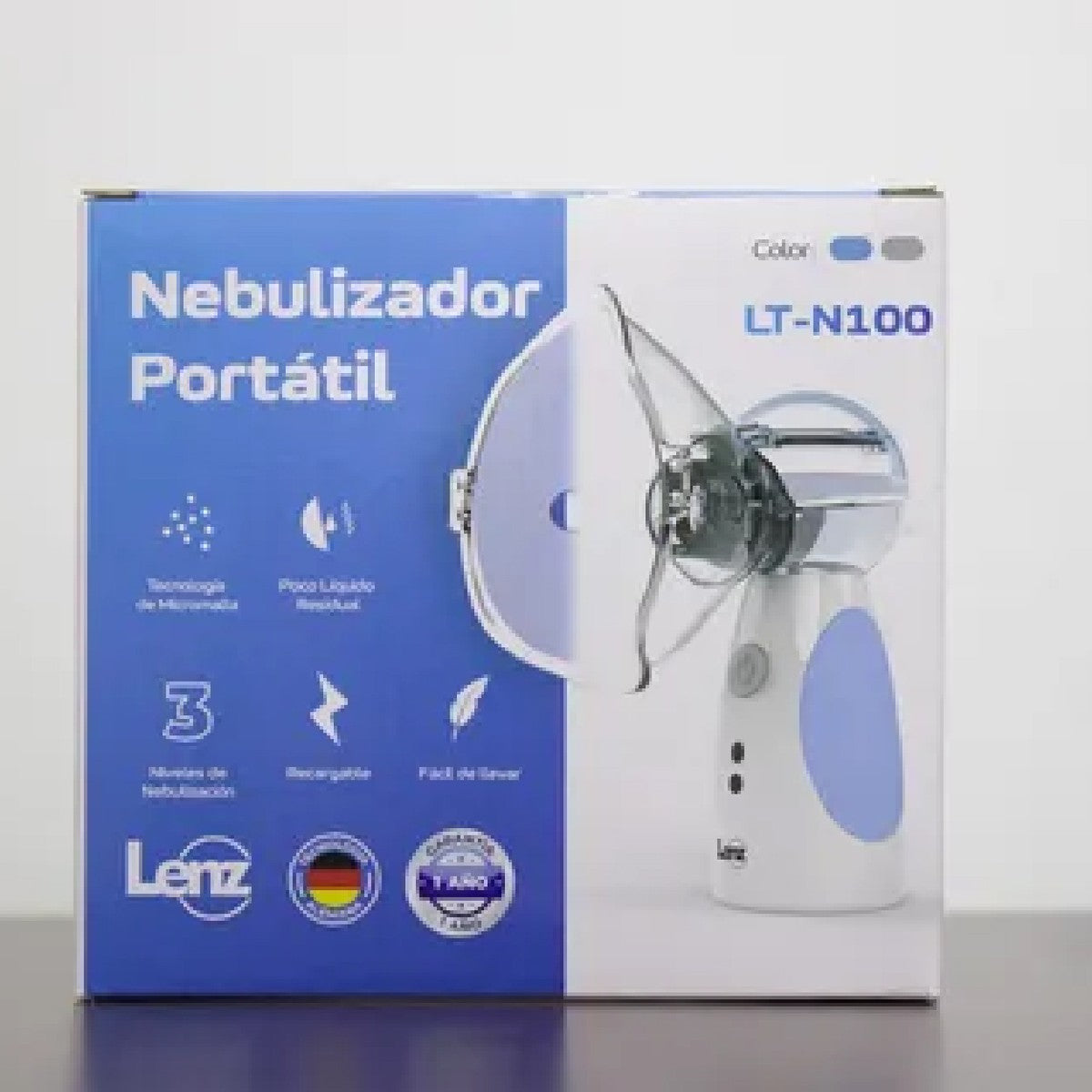 Micronebulizador portátil LT-N100 de Lenz, diseño compacto en color blanco, ideal para tratamientos respiratorios.