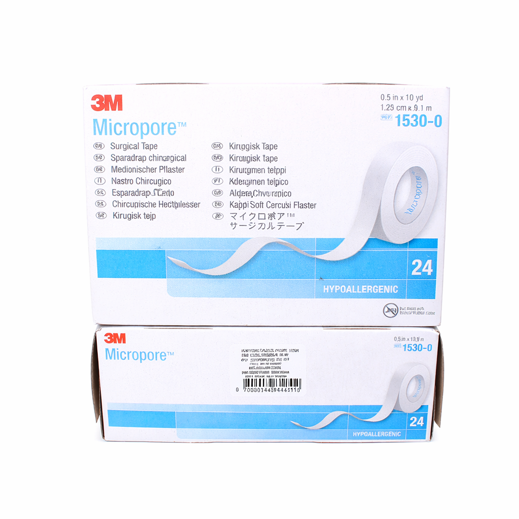 Cinta quirúrgica Micropore™ blanca de 1/2" x 9.1 m, hipoalergénica y microporosa, ideal para fijación de vendajes y dispositivos médicos.