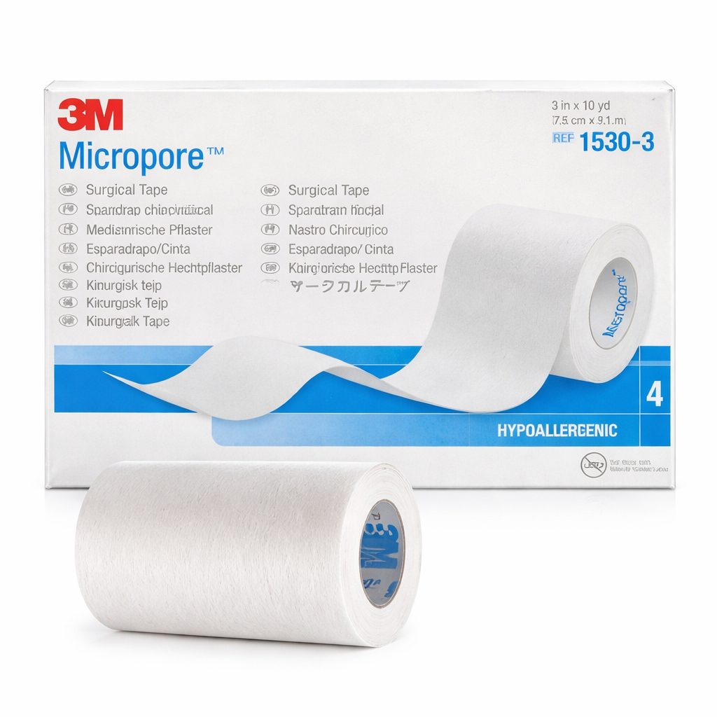 Cinta adhesiva microporosa hipoalergénica Micropore™ Blanco de 3" x 4 unidades, ideal para fijación en aplicaciones médicas.