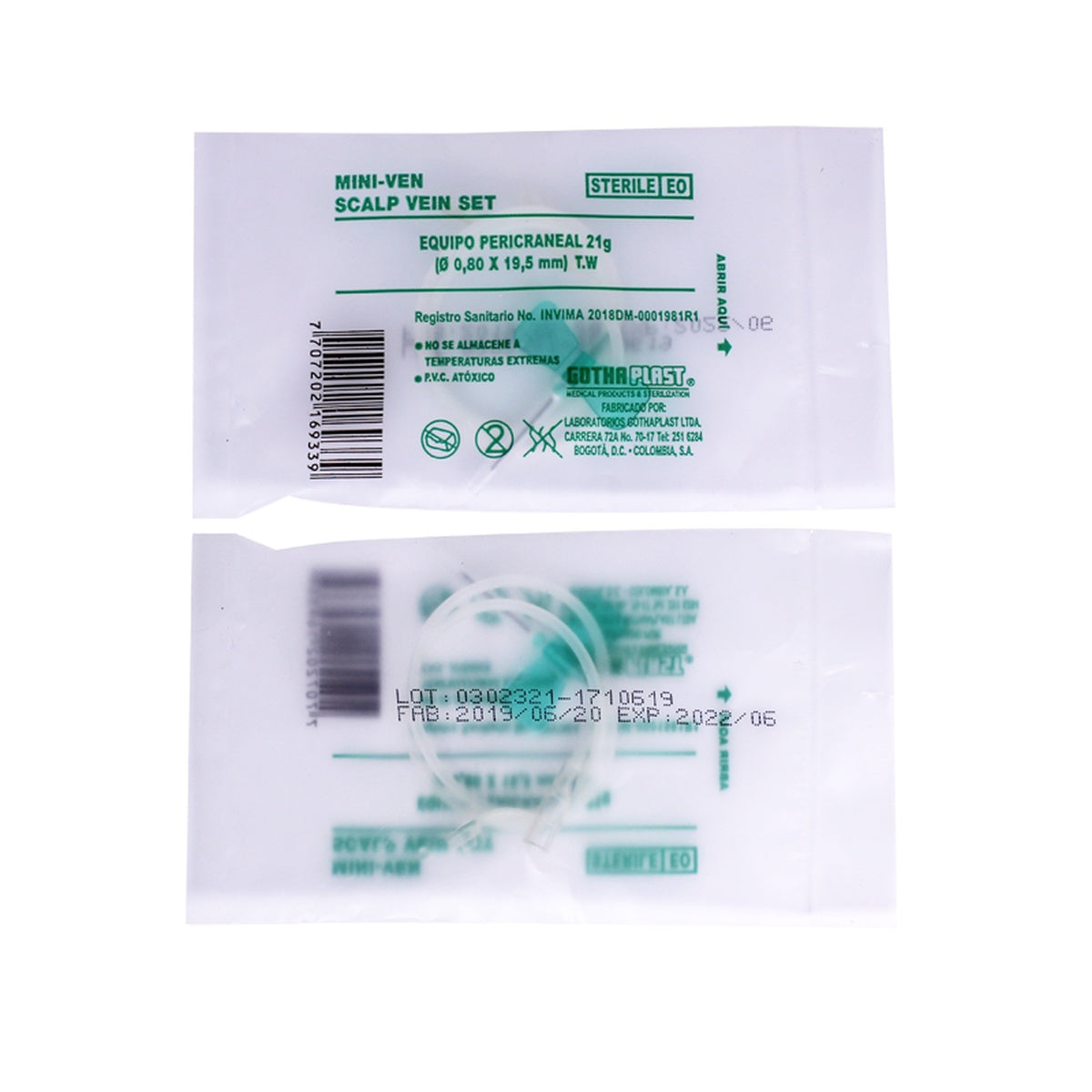 EQUIPO PERICRANEAL MINI - VEN GOTHAPLAST, dispositivo médico de un solo uso, aguja de acero inoxidable 21g, tubo de PVC de 30 cm.