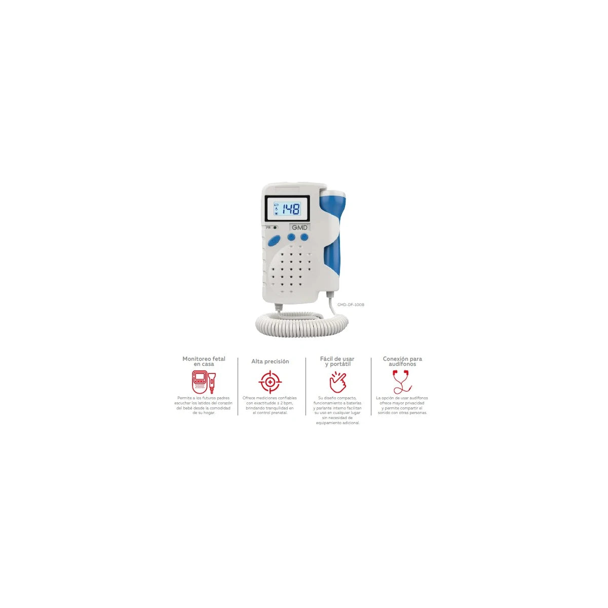 Doppler Fetal GMD-DF-100B, monitor de latidos fetal en color blanco, con pantalla digital y sonda ergonómica.