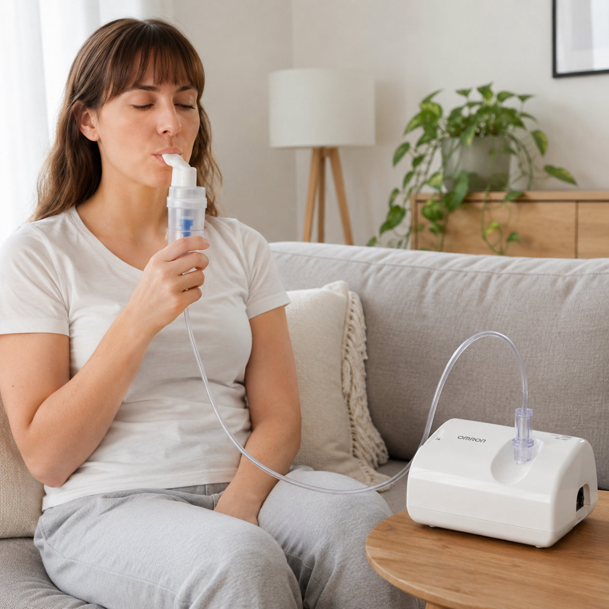 Mujer adulta utilizando el Nebulizador Compresor Omron NE-C801LA durante una terapia respiratoria en casa.