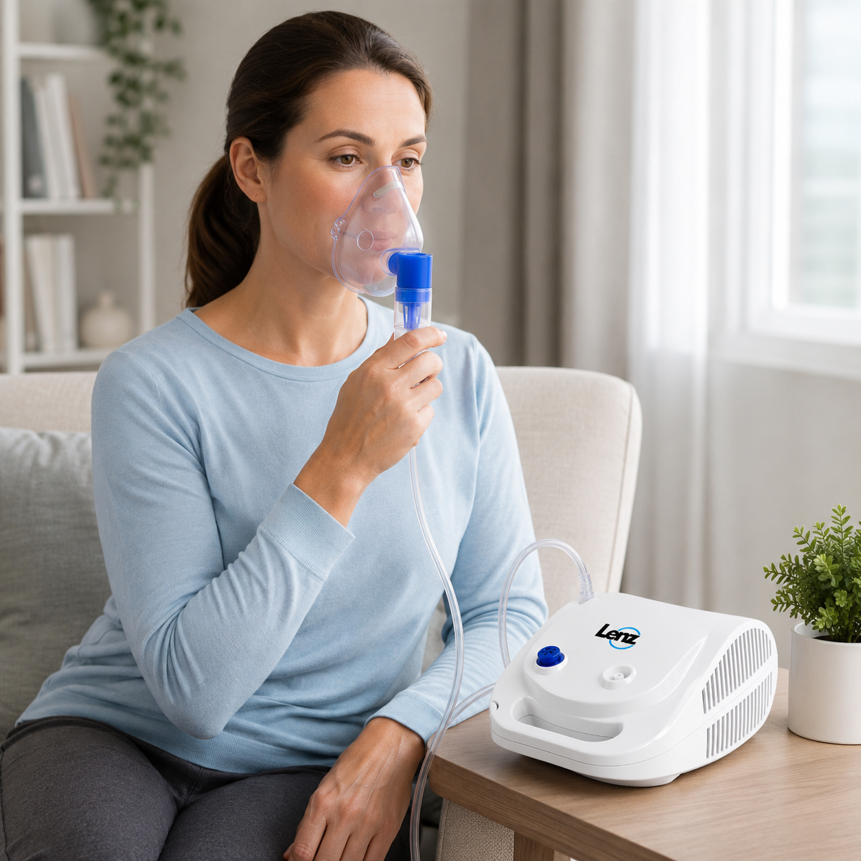 Mujer usando nebulizador Lenz con mascarilla durante una terapia respiratoria en casa.