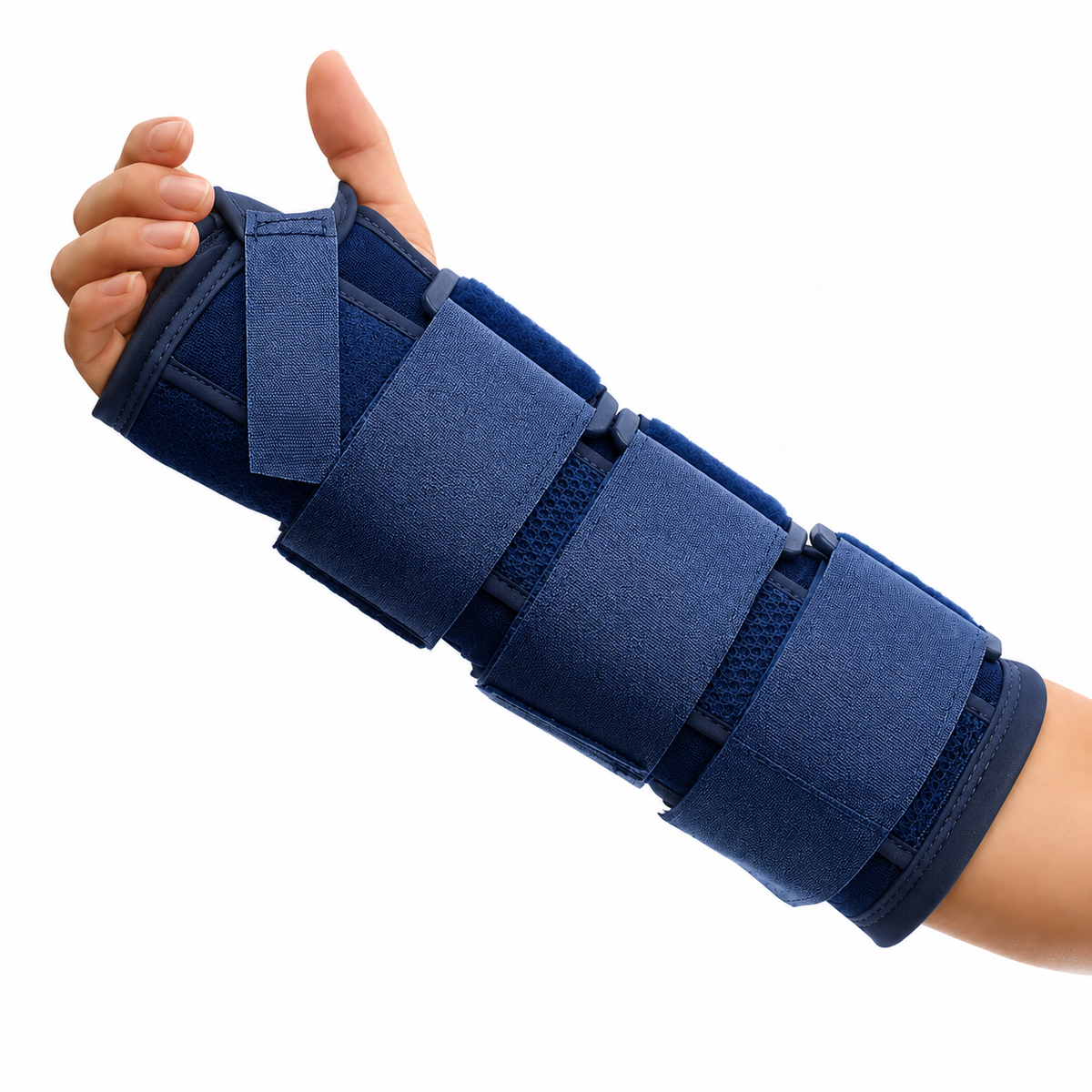 Muñequera con doble férula para mano derecha, referencia 16050, ajustable y diseñada para brindar soporte y estabilidad a la muñeca.