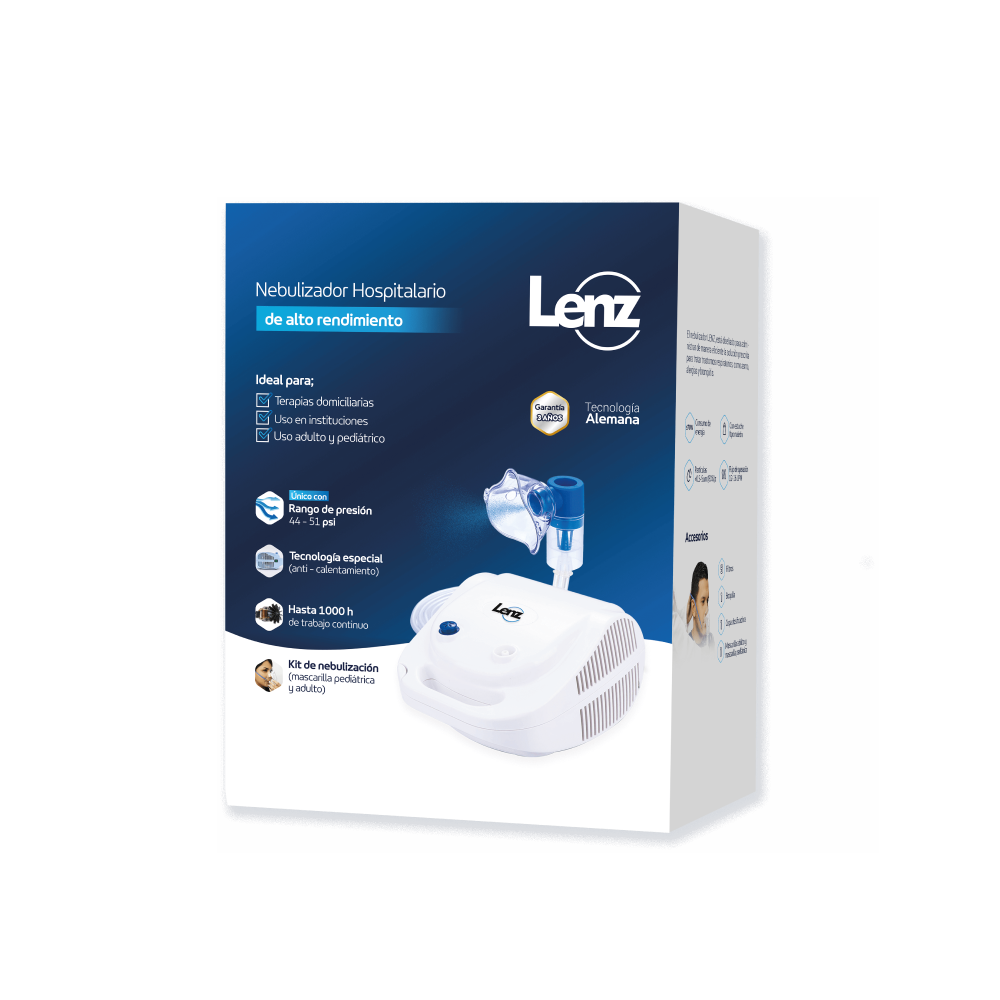 Nebulizador compresor Lenz Ref. NB-206B para adultos con mascarilla y accesorios.