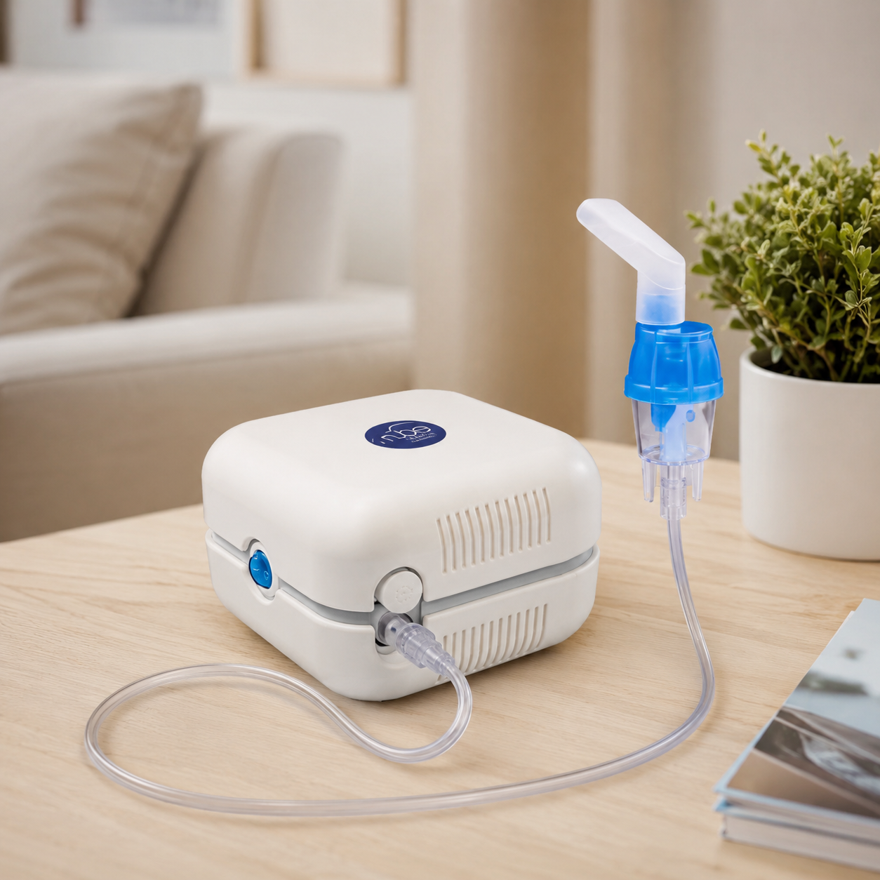 Nebulizador compresor Nube 3000 GMD con manguera y vaso nebulizador sobre una mesa.