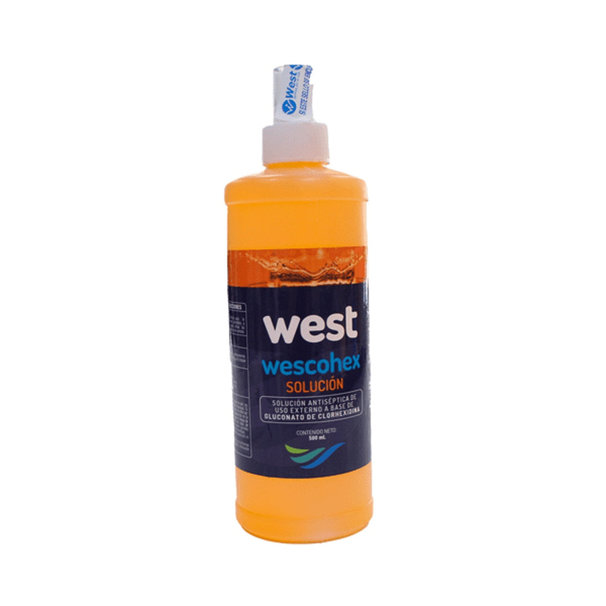 WESCOHEX solución antiséptica de 500 ml con válvula nebulizadora, color naranja, formulada con 2% de Gluconato de Clorhexidina.