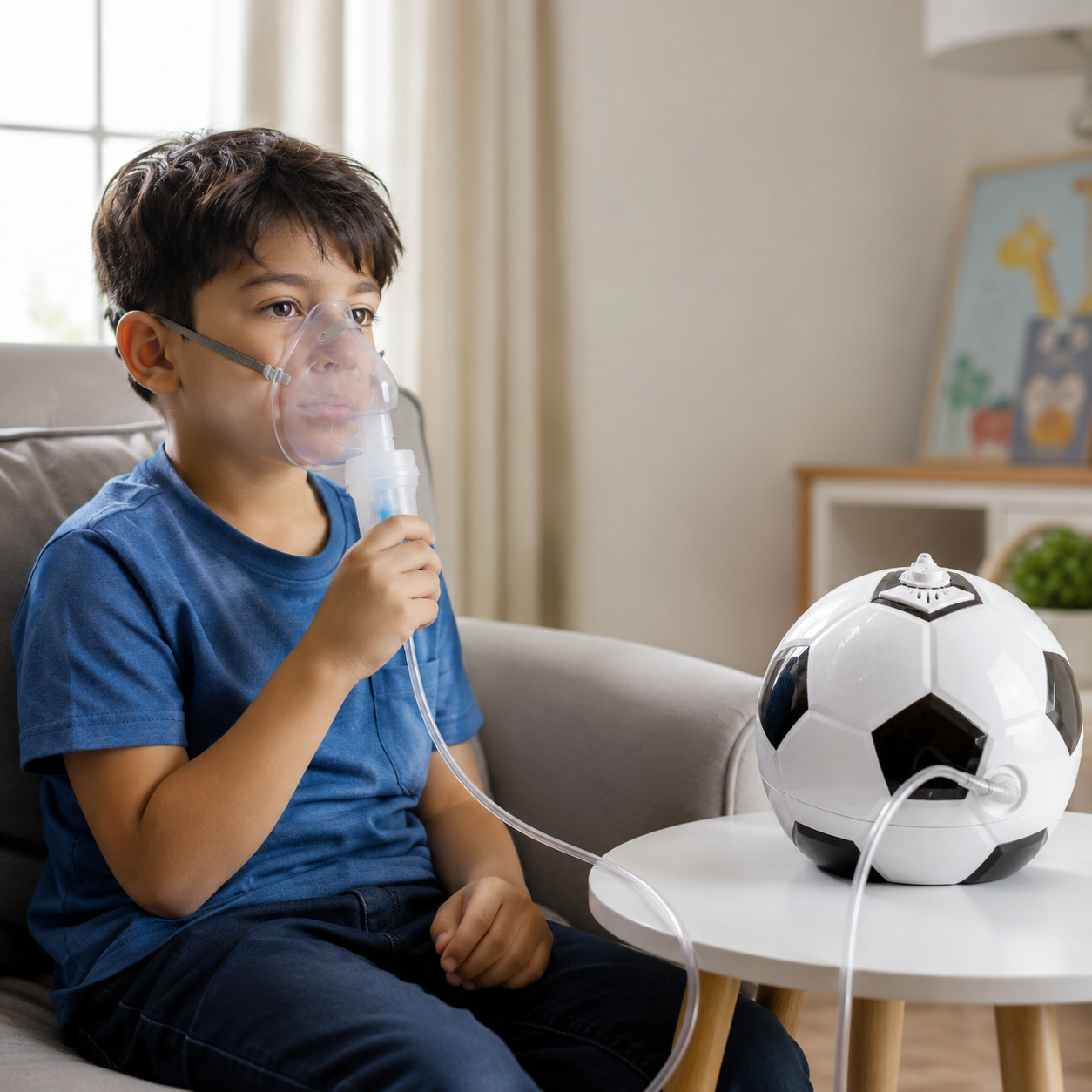 Niño utilizando el Compresor Nebulizador Nube 1000 Balón Fútbol GMRN-235 durante una terapia respiratoria en casa.