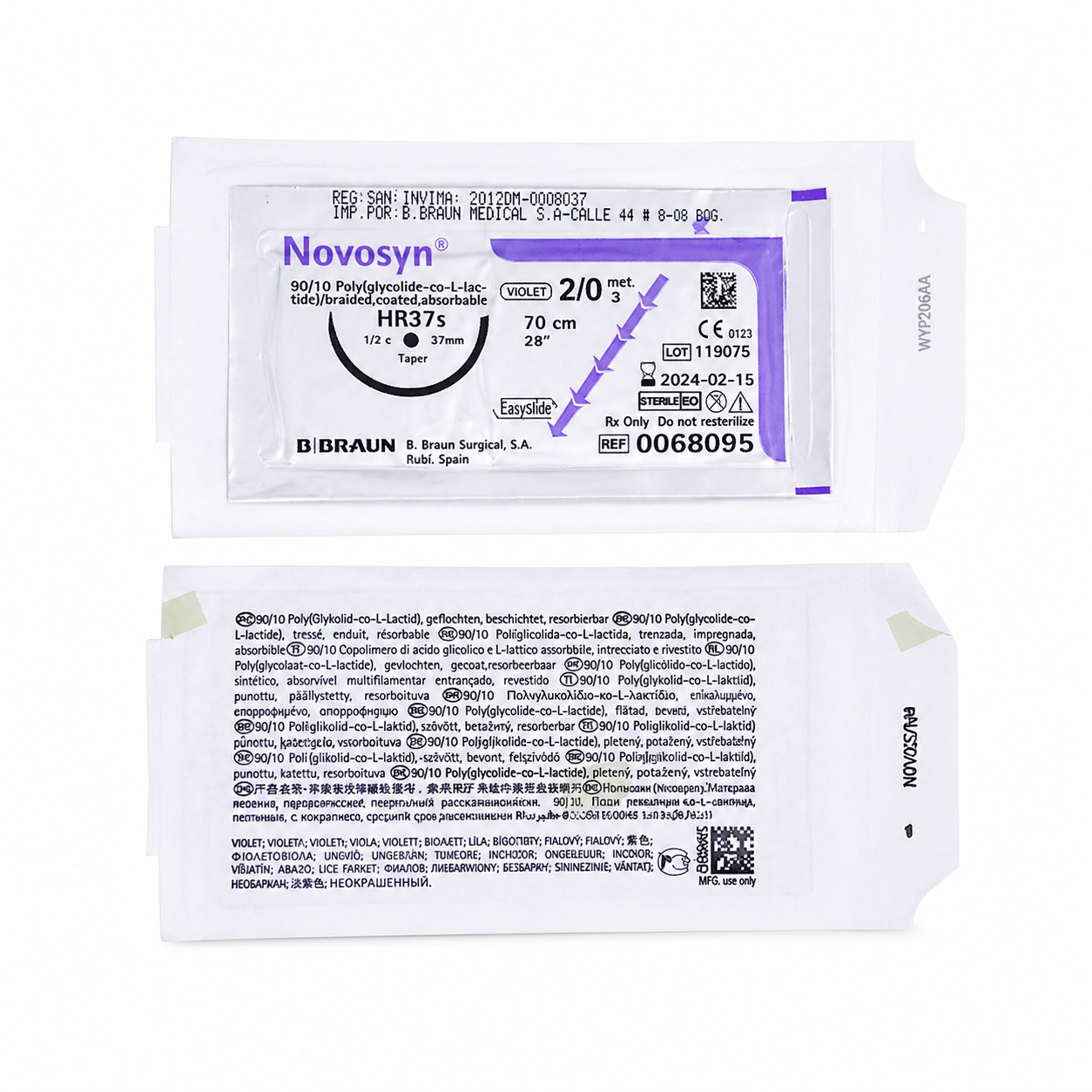 Sutura Novosyn violeta 0 HR37S 70 cm absorbible B Braun con aguja curva uso quirúrgico