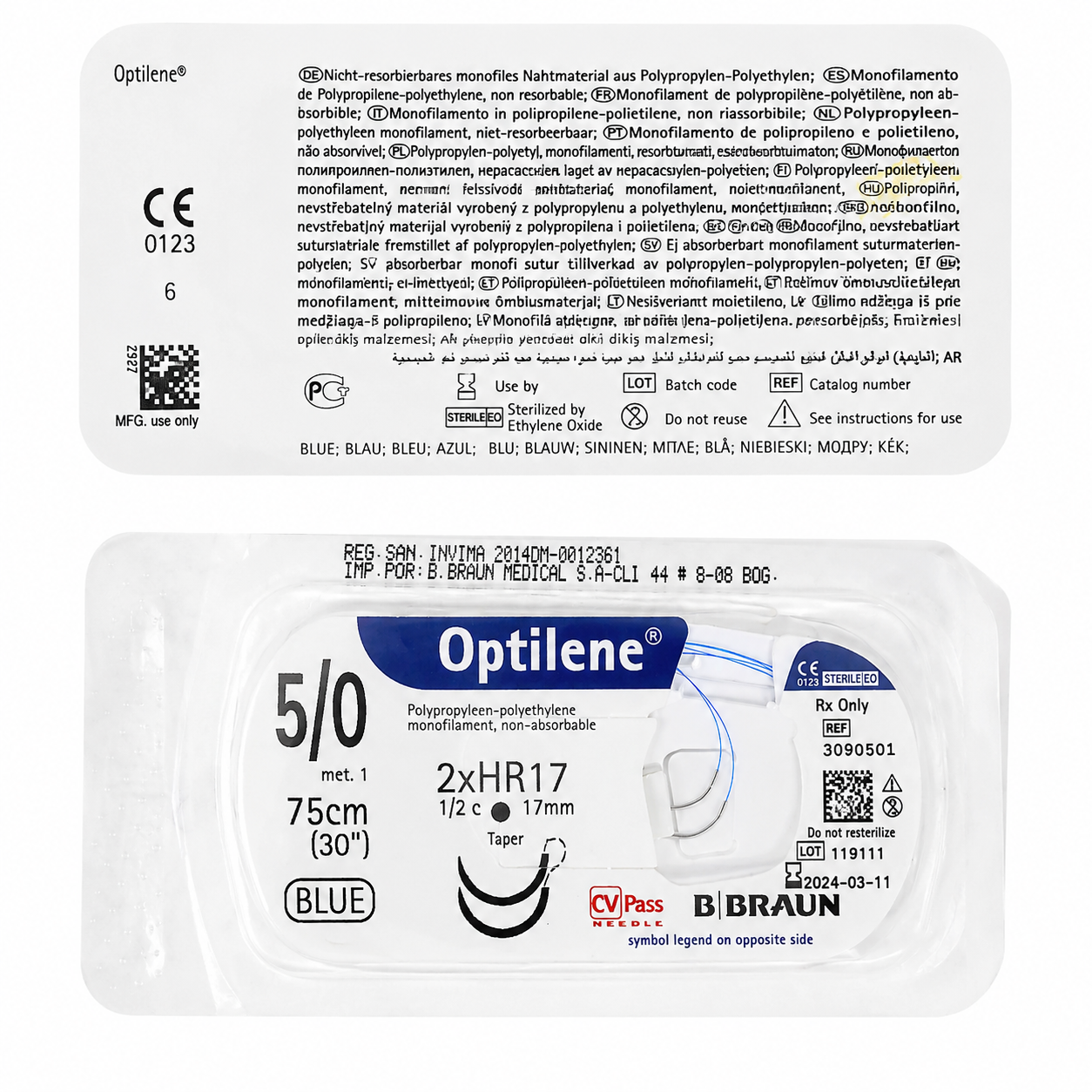 Optilene 5/0 2XHR17 x 75 cm Braun sutura monofilamento no absorbible para procedimientos quirúrgicos.