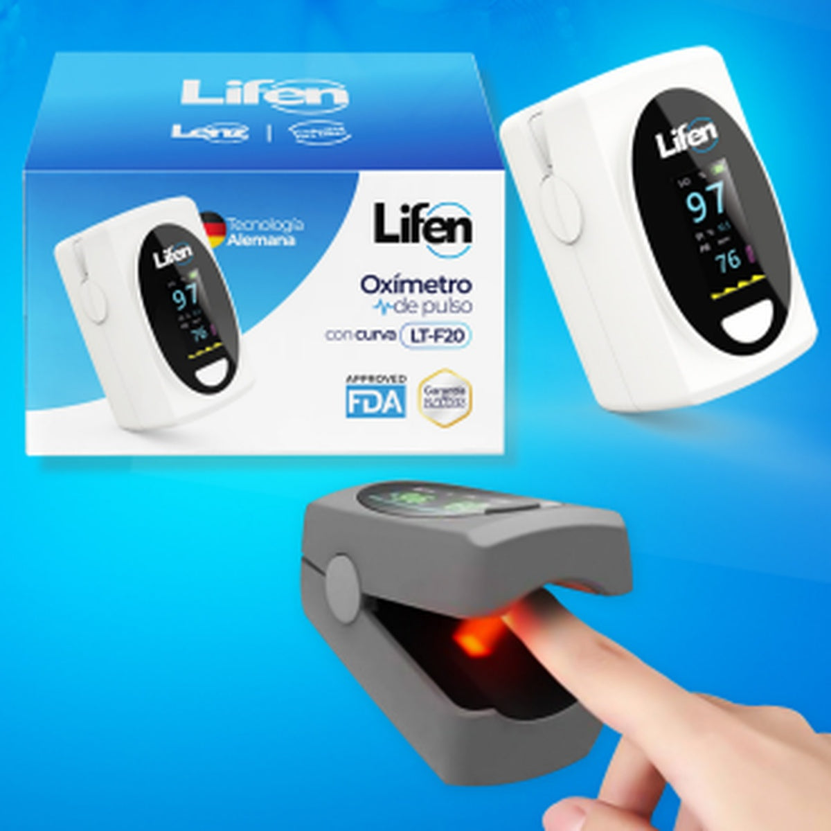 Oxímetro de pulso portátil LT-F20 de Lifen, con pantalla OLED rotativa, mide SpO2 y frecuencia cardíaca, diseño compacto y ligero.