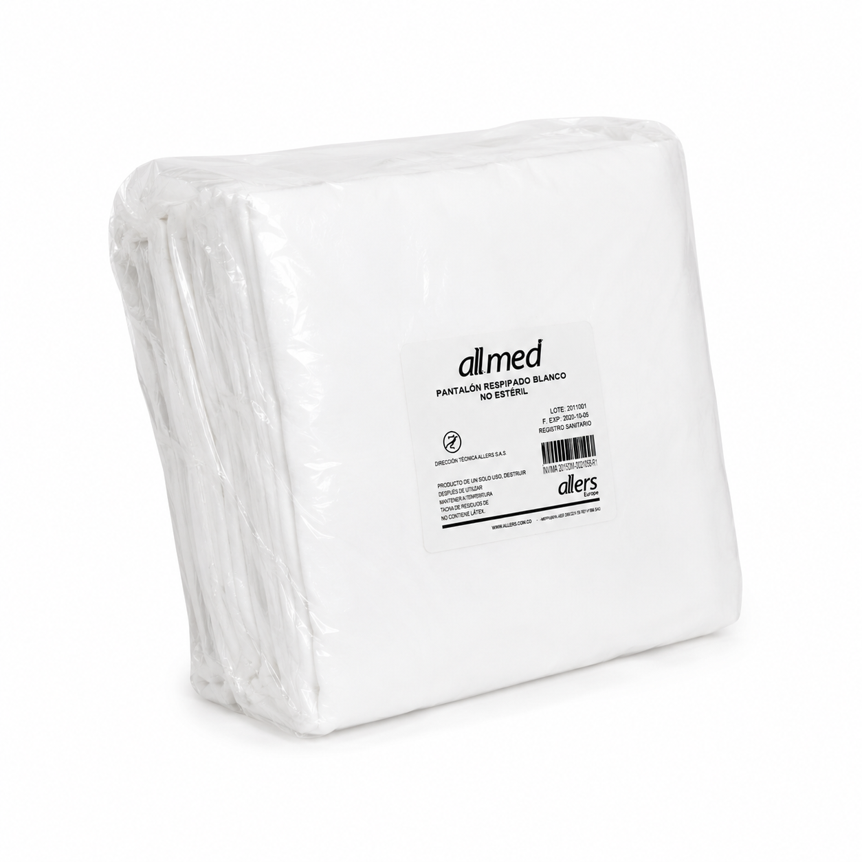 Pantalón blanco desechable resortado Allmed fabricado en material liviano para procedimientos y atención médica.