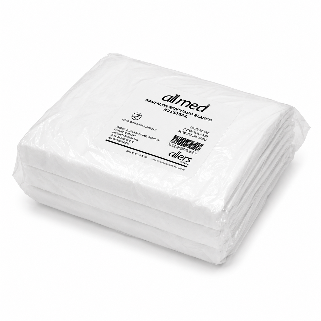 Pantalón desechable médico blanco Allmed de 24 gramos, paquete por 10 unidades para uso clínico y hospitalario.