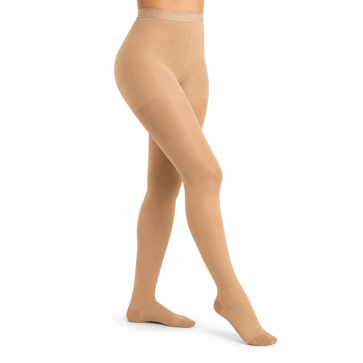Pantimedia Novarix opaca color beige, talla M y compresión 20-30 mmHg, diseñada para brindar soporte y ajuste cómodo en las piernas.