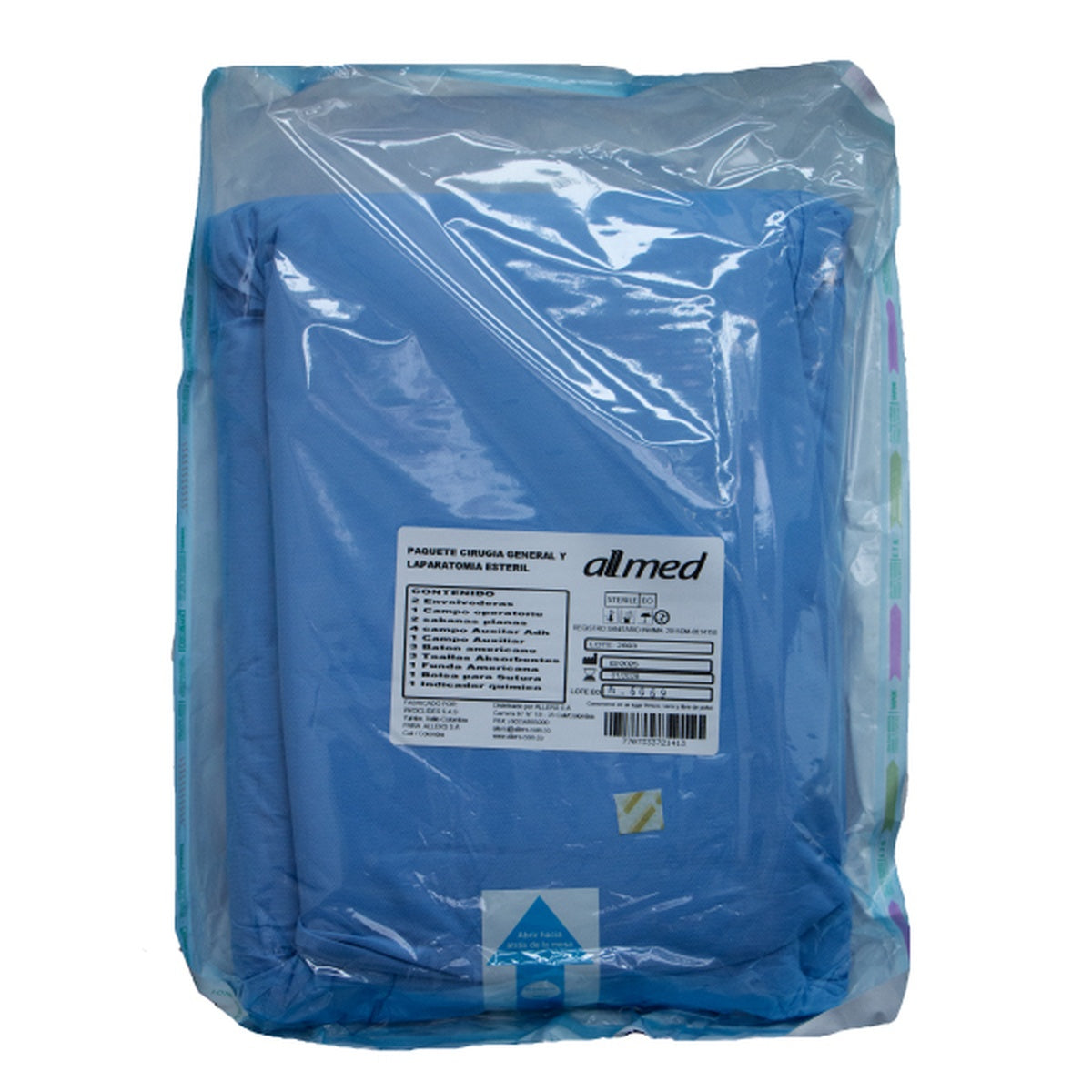 Paquete de cirugía general y laparotomía estéril de ALLMED, referencia PT0101019, compuesto por envolvederas, sábanas, campos y batas, fabricado en tela SMS repelente a fluidos.