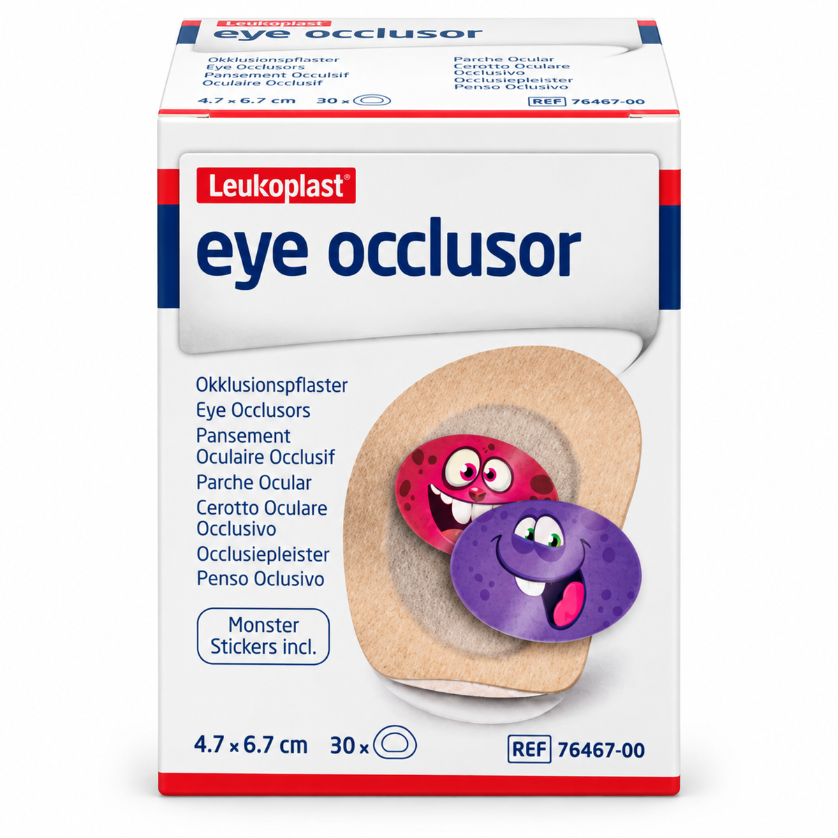 Parche ocular Leukoplast Junior de 4,7 x 6,7 cm, referencia 76467-00, diseñado para brindar una cobertura cómoda en la zona ocular.