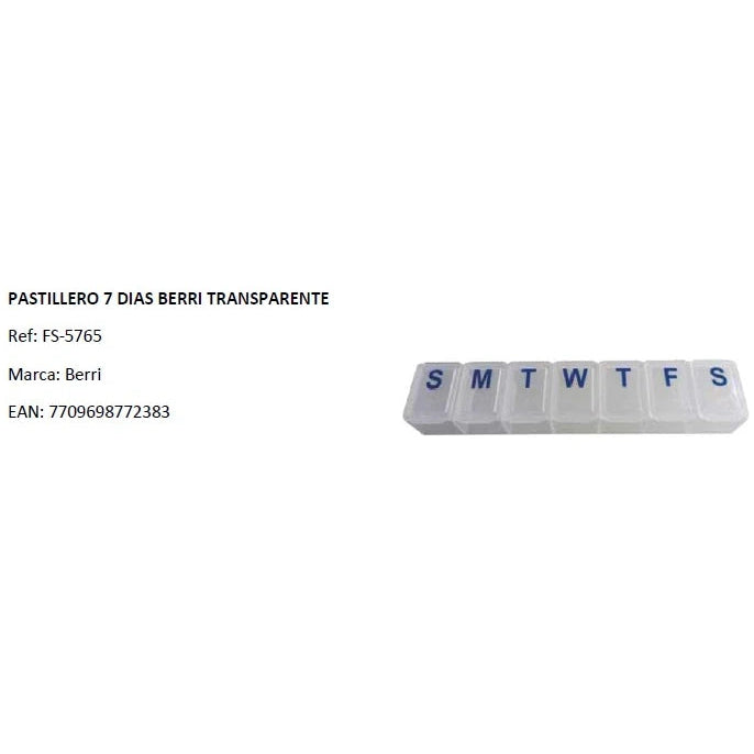 Pastillero semanal transparente Berri FS-5765, con siete compartimentos individuales, fabricado en plástico, diseño compacto y funcional.